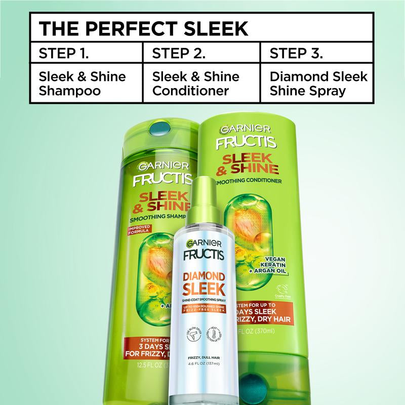 Fructis Diamond Sleek Shine Spray, 100H Frizz Free, 8% Vegan Keratin Complex & Argan Oil for Smooth Hair, Garnier