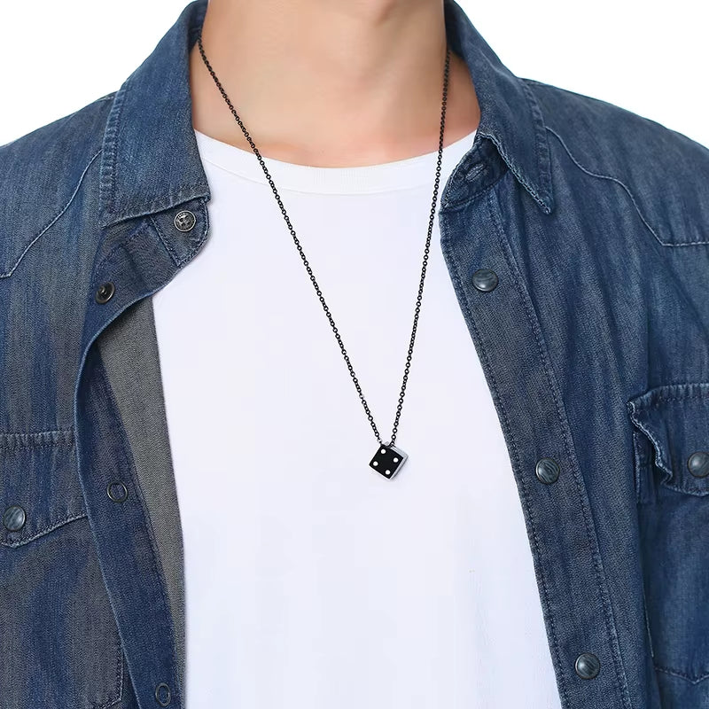 Men'S Cool Cube Dice Style Necklaces Stainless Steel Male Lucky Gifts for Him Jewelry